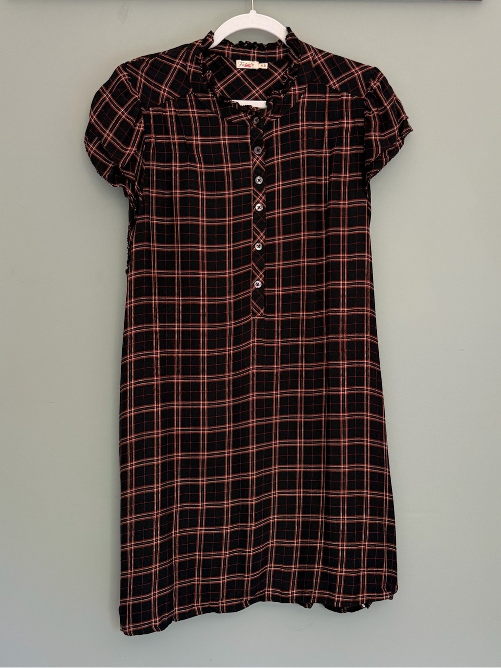 Faherty "Keterly" Black Harper Plaid Flutter Sleeve Popover Button Mini Dress